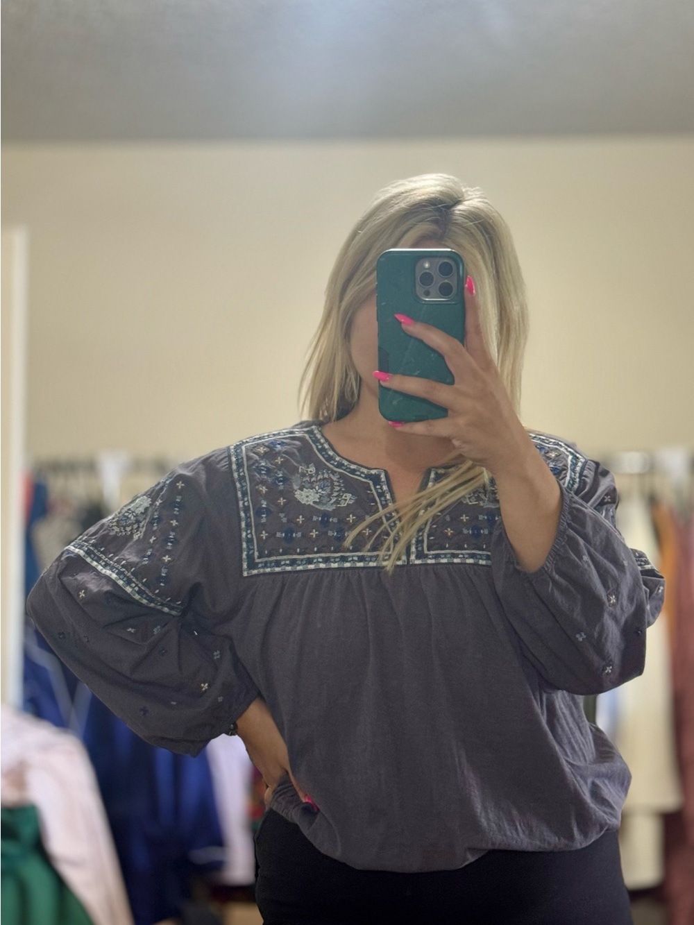 Boho Embroidered Peasant Top - gray/ blue by Lucky Brand